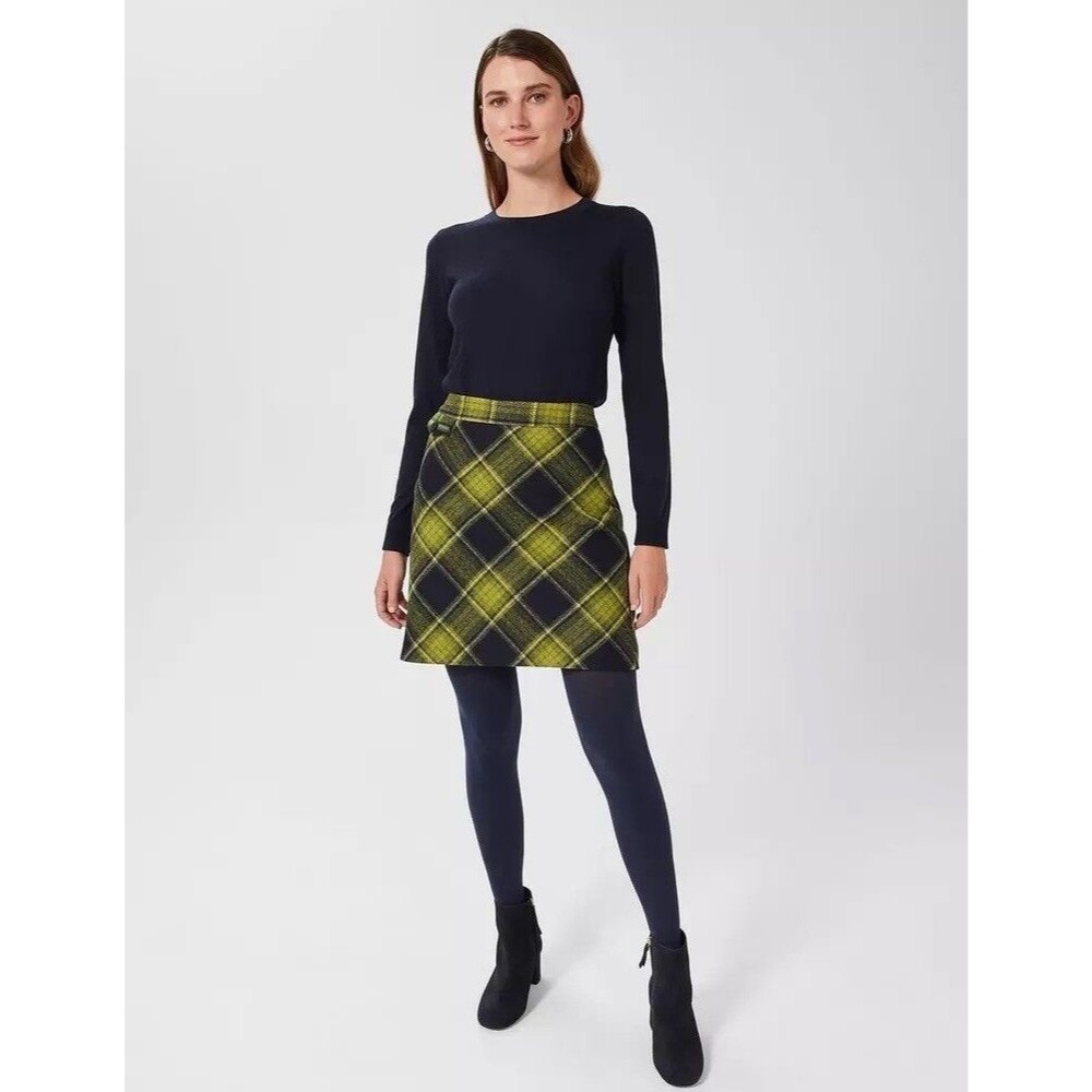 Hobbs London Arianne Wool Skirt Women Sz 8 Moon Tweed Green Navy Diamond Check